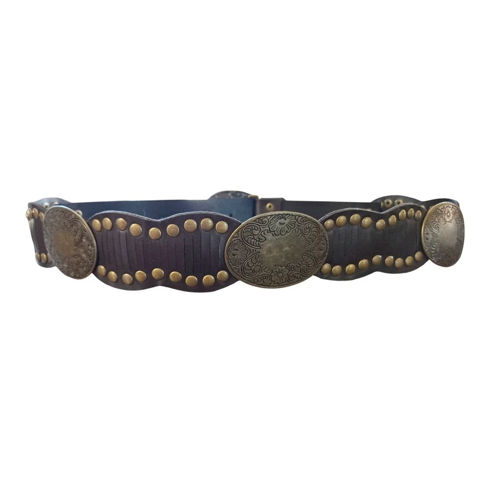 Bohemian, Prairie Ornate Floral Brass Medallions & Studded Leather Belt Sz M